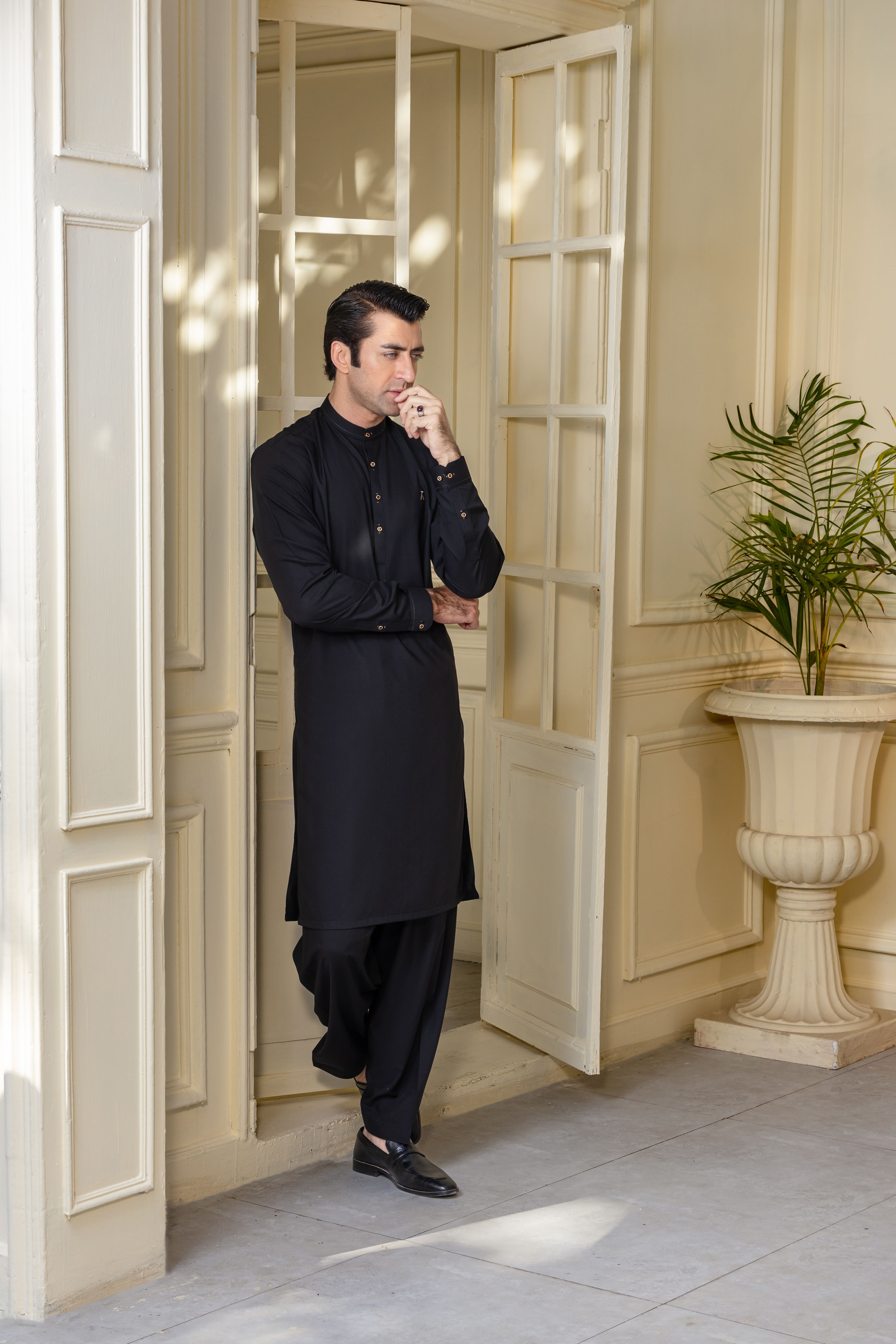 Stitched Full Ban Kameez Shalwar With A MAN Logo Golden Buttons for Men - Royal Black