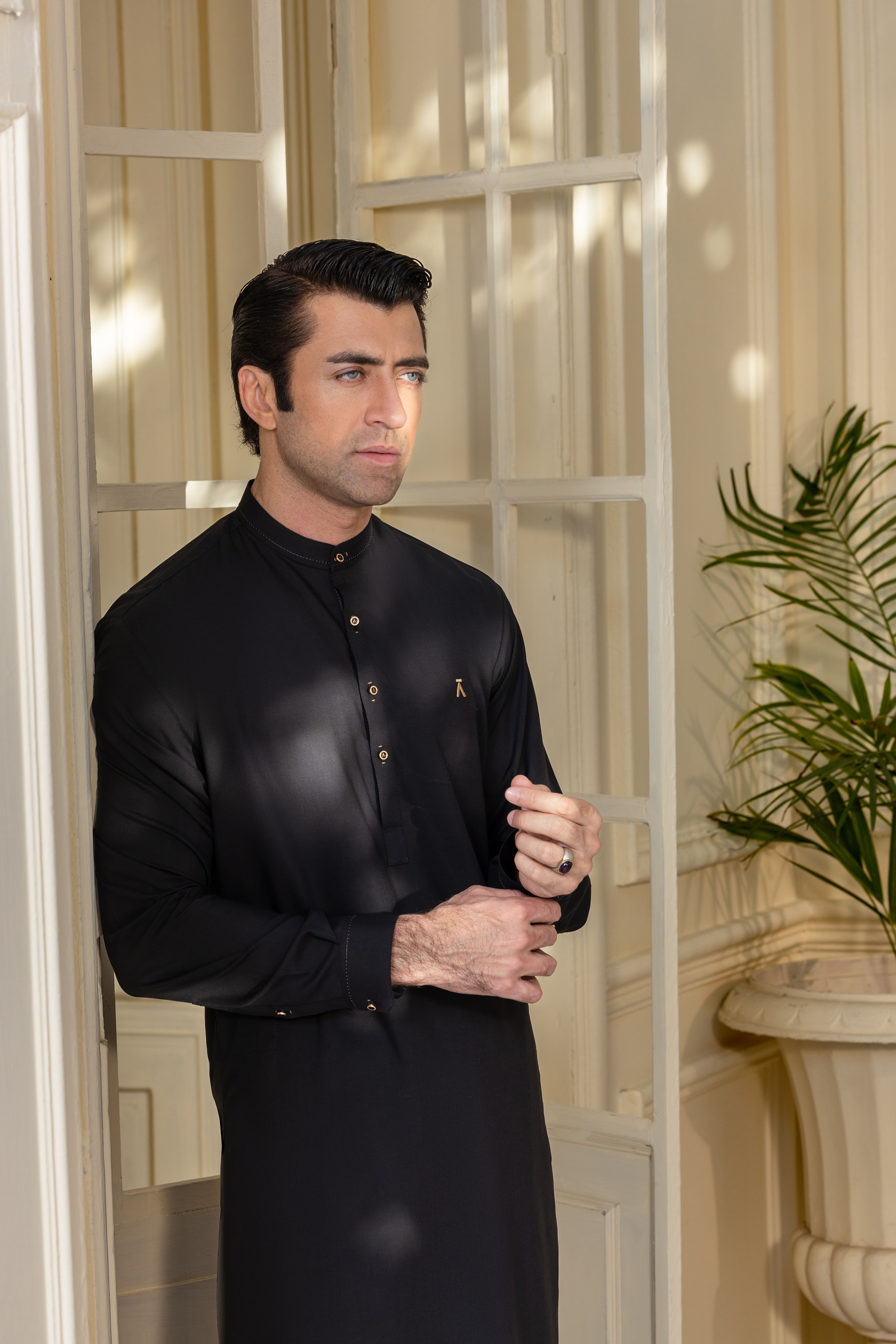 Stitched Full Ban Kameez Shalwar With A MAN Logo Golden Buttons for Men - Royal Black