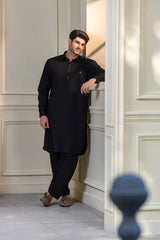 Stitched Premium Kameez Shalwar With Golden Accent for Men  - Black