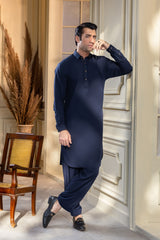 Stitched Regal Collar Kameez Shalwar With Golden Detailing for Men - Navy Blue