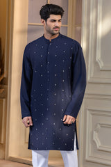 Stitched Embroidered Kurta With Trouser for Men - Navy Blue