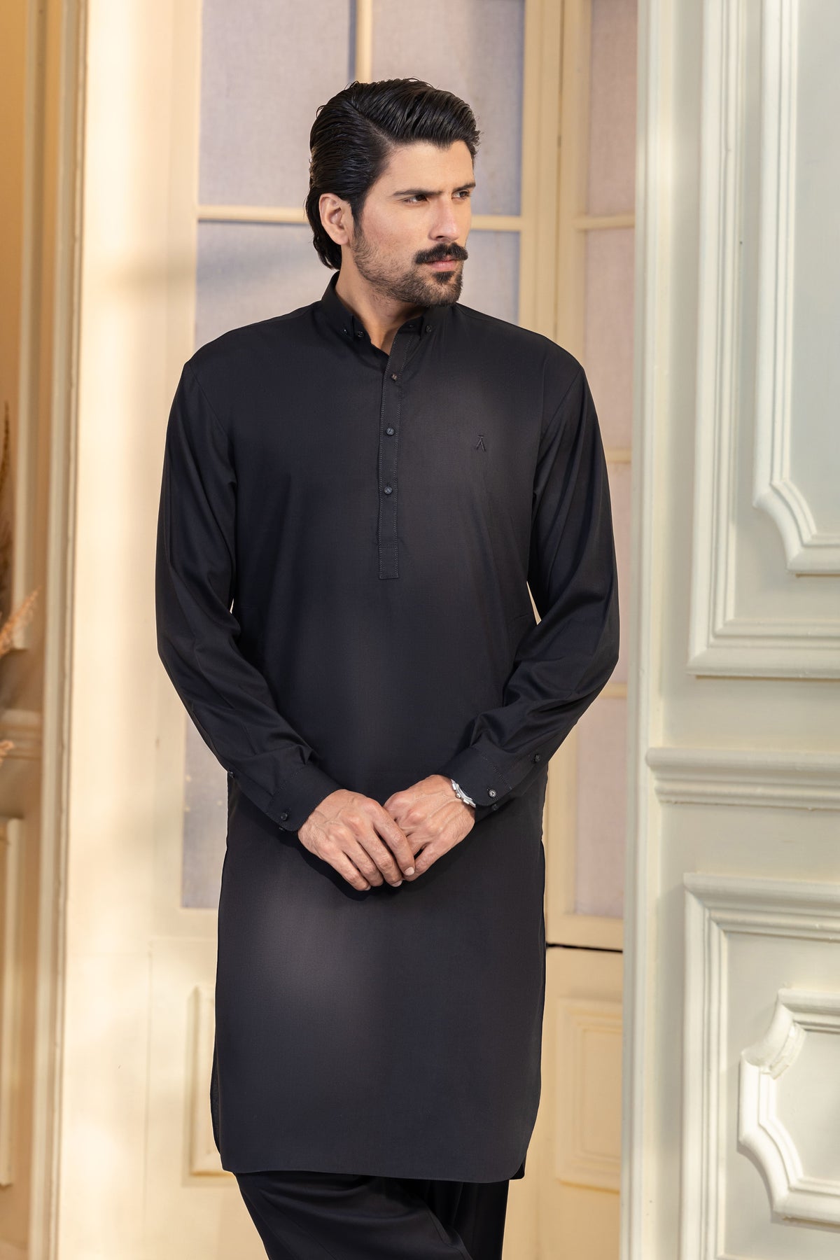Stitched Button Down Collar Kameez With Matching Shalwar for Men - Black