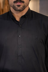 Stitched Button Down Collar Kameez With Matching Shalwar for Men - Black