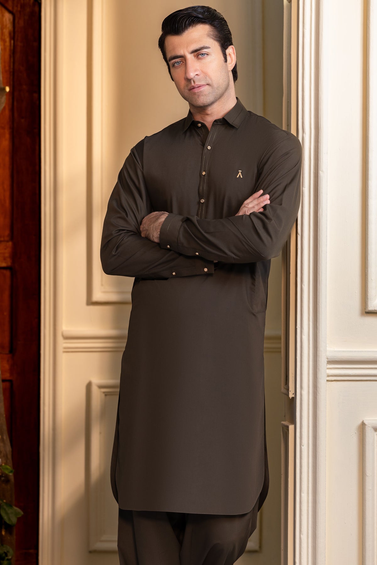 Stitched Classic Collar Kameez Shalwar With Golden Buttons for Men - Dark Olive Green
