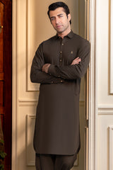Stitched Classic Collar Kameez Shalwar With Golden Buttons for Men - Dark Olive Green