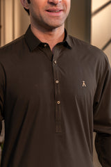 Stitched Classic Collar Kameez Shalwar With Golden Buttons for Men - Dark Olive Green