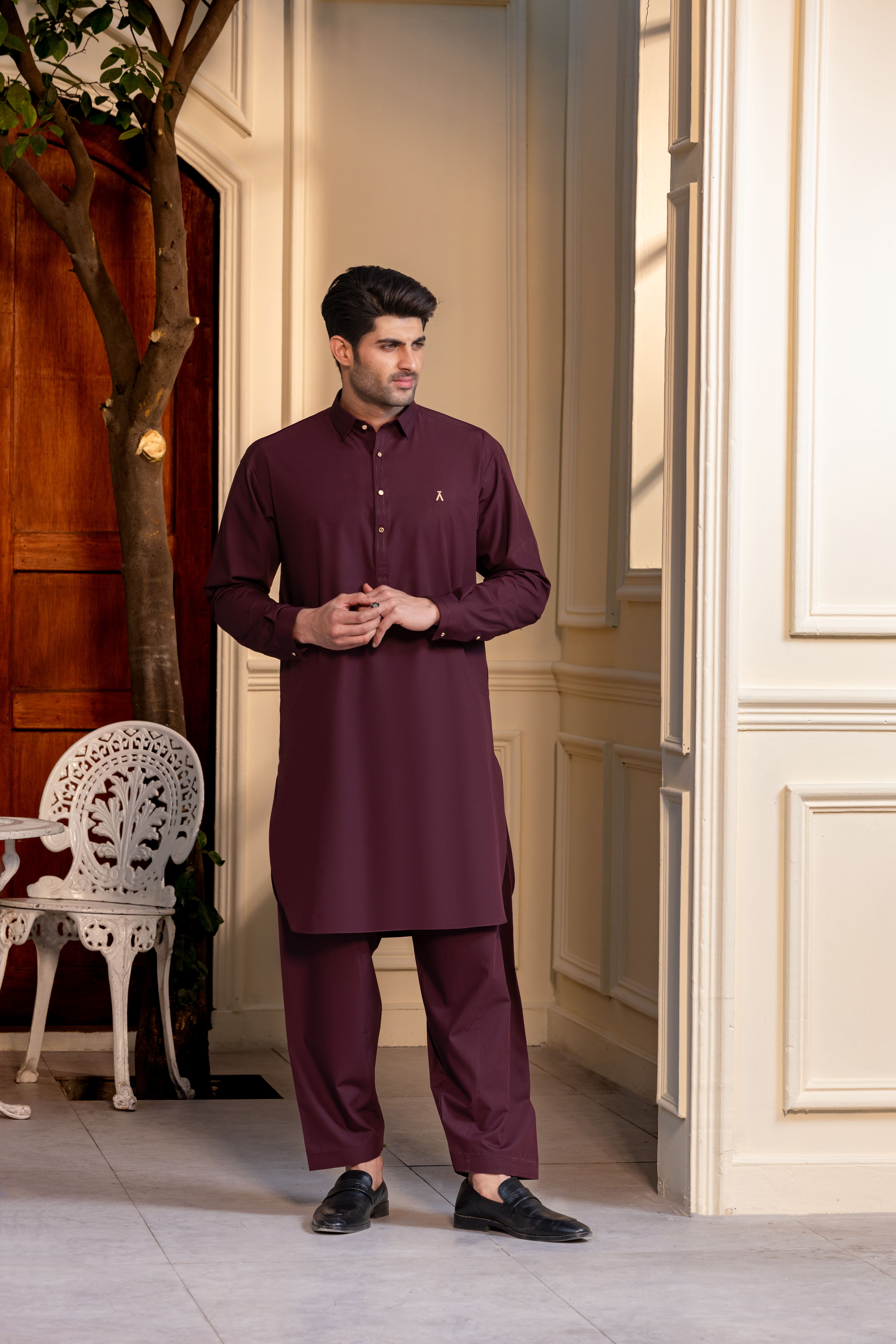 Stitched Modern Kameez Shalwar With Golden Buttons & Thread Detailing for Men - Burgundy