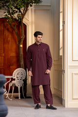 Stitched Modern Kameez Shalwar With Golden Buttons & Thread Detailing for Men - Burgundy