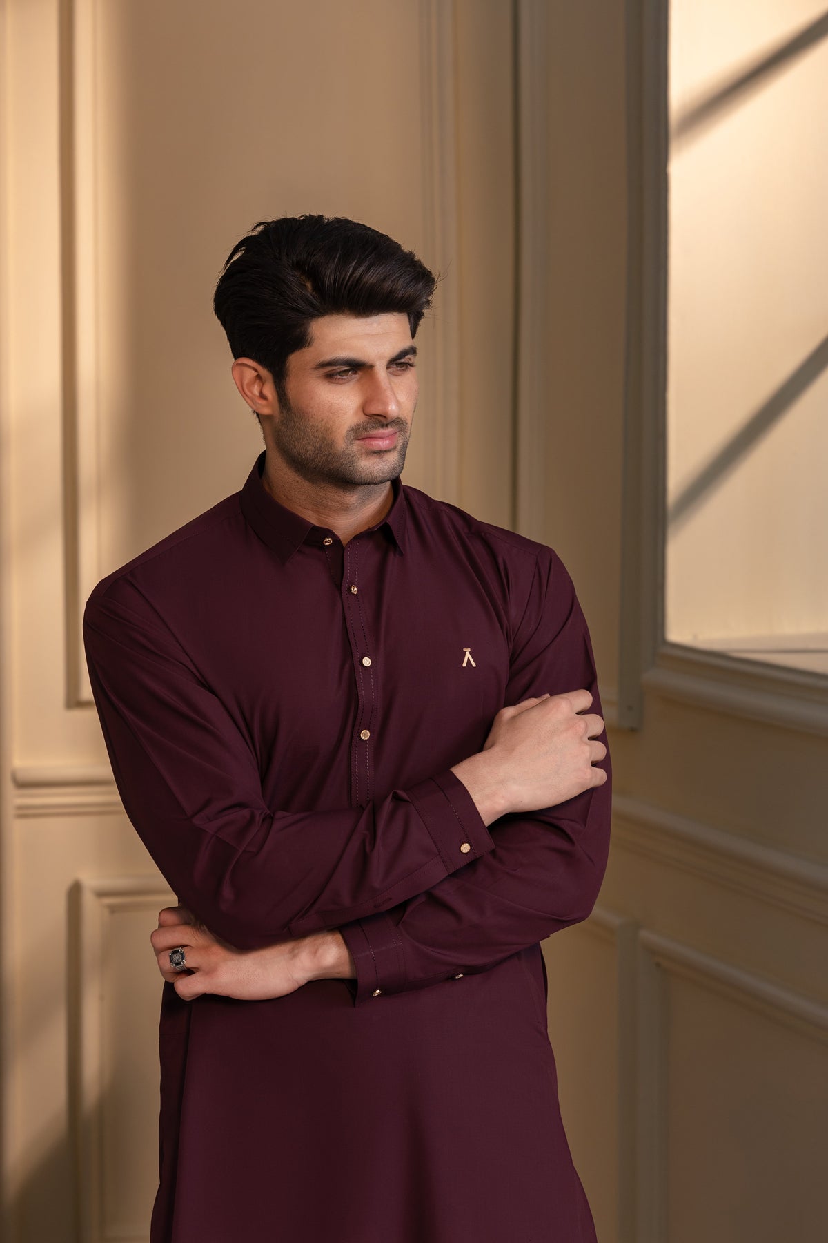 Stitched Modern Kameez Shalwar With Golden Buttons & Thread Detailing for Men - Burgundy