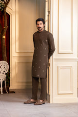 Stitched Embroidered Kurta With Matching Trousers for Men - Olive Green