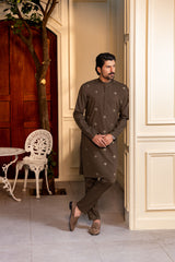 Stitched Embroidered Kurta With Matching Trousers for Men - Olive Green