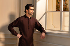 Stitched Kameez Shalwar With Matching Thread Detailing & Golden Buttons for Men - Chocolate Brown