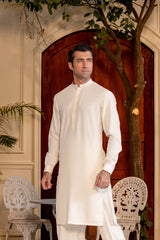 Stitched Elegant Boski Embroidered Kurta With Matching Shalwar for Men - Cream