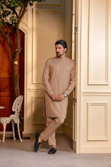 Stitched Kurta With Matching Trousers & Metal Buttons for Men - Camel Brown