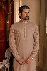 Stitched Kurta With Matching Trousers & Metal Buttons for Men - Camel Brown