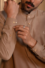 Stitched Kurta With Matching Trousers & Metal Buttons for Men - Camel Brown