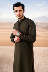 Premium Band Collar Kameez Shalwar with Minimal Detailing - Olive Green