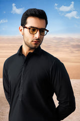 Classic Collar Kameez Shalwar with Minimal Detailing - Black