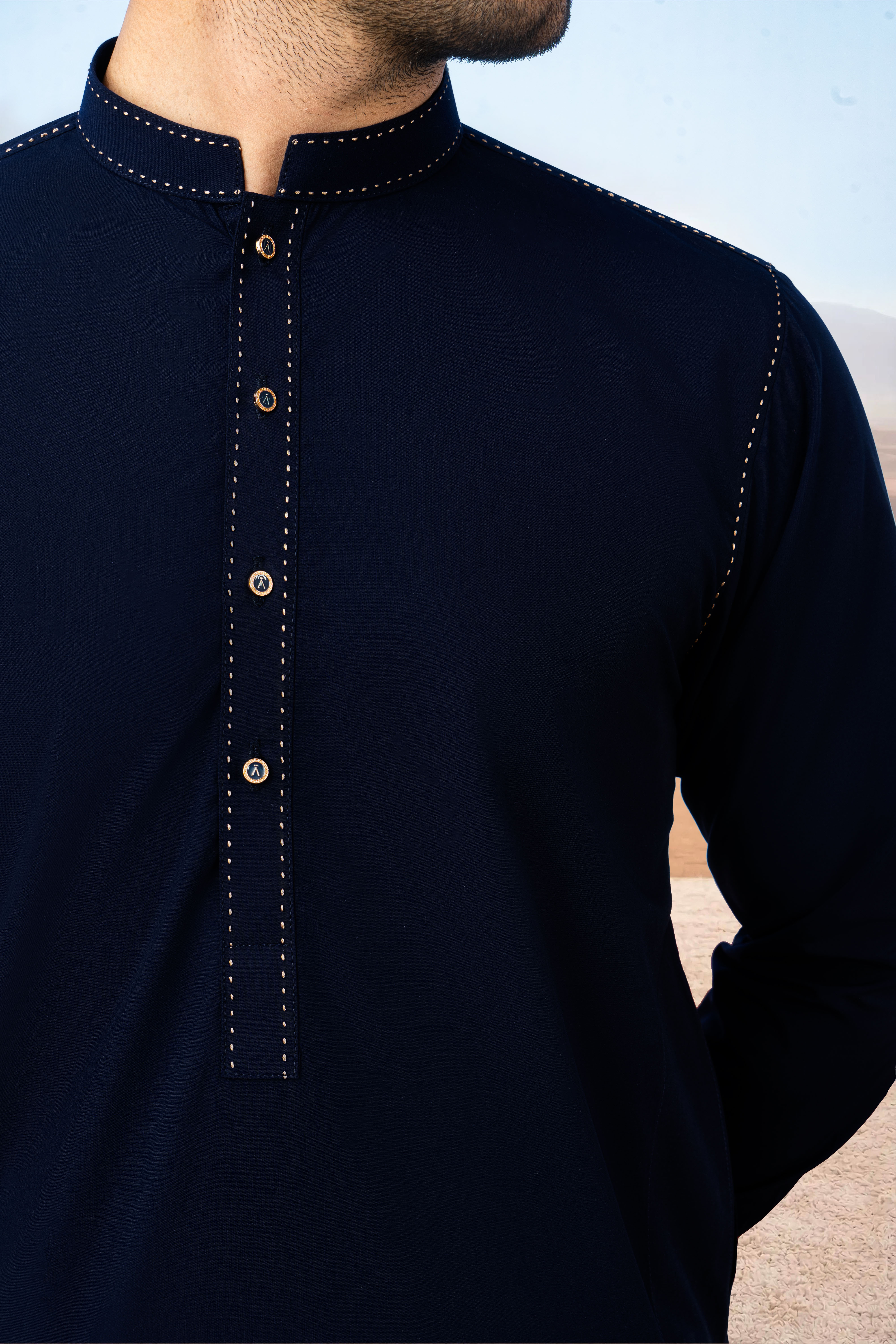 Stylish Kurta Shalwar with Thread Detailing - Navy Blue