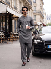 Stitched Cotton Kurta Trouser Set Relaxed Fit - Slate Grey