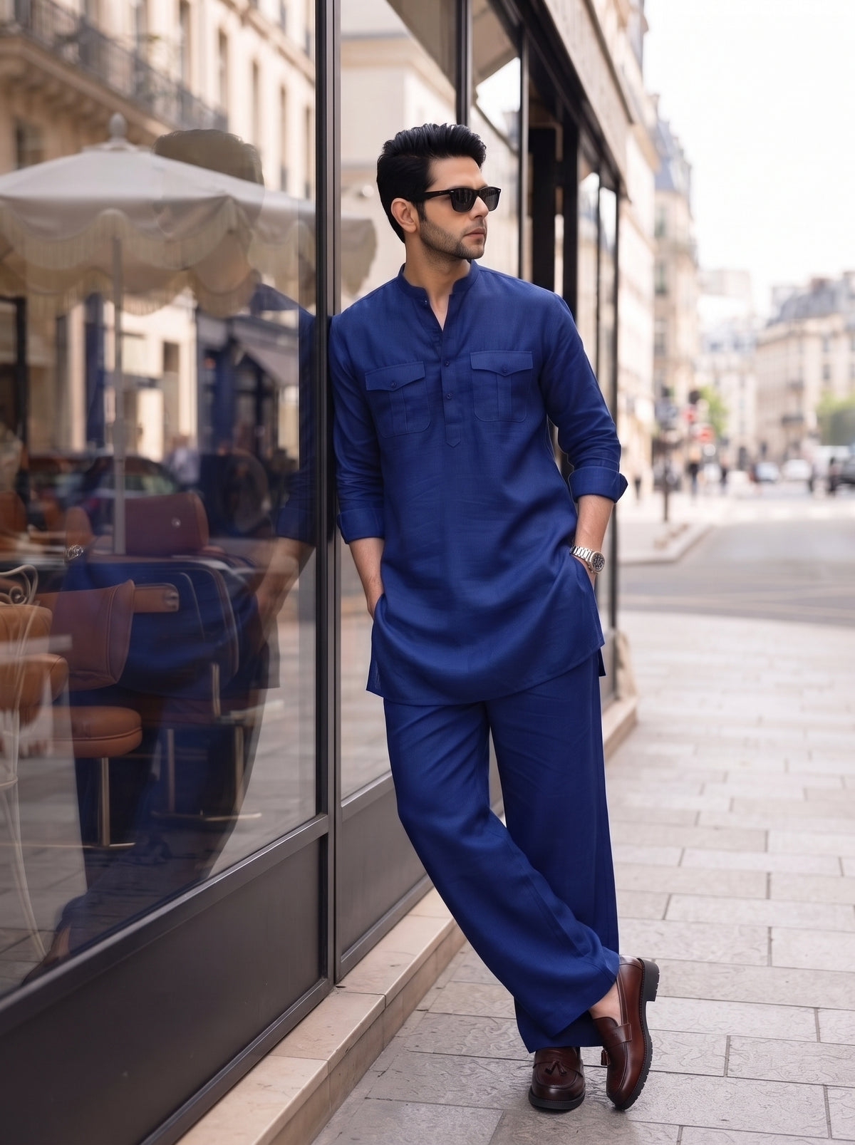 Stitched Cotton Kurta Trouser Set Relaxed Fit - Ink Blue