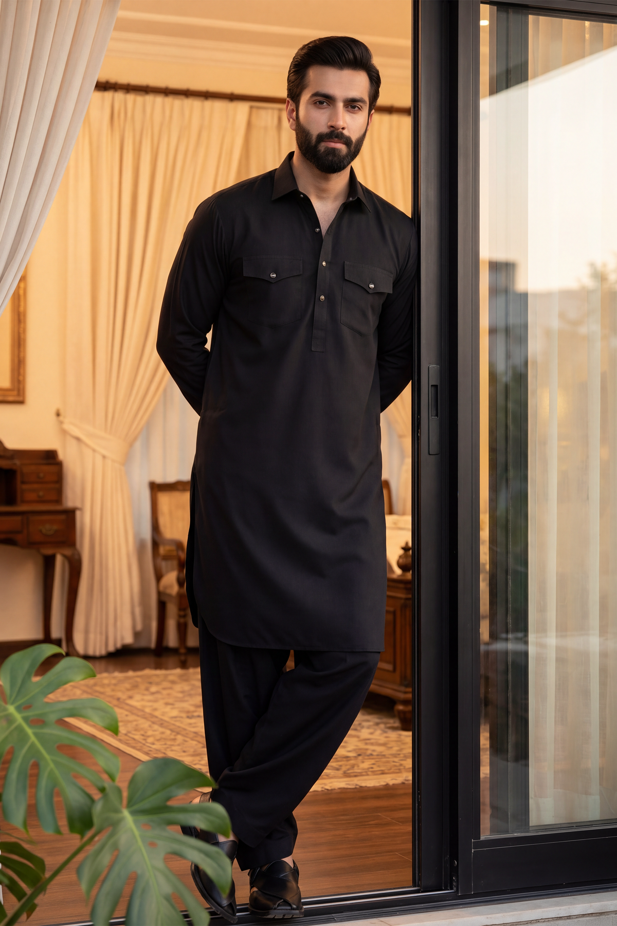 Stitched Double Pocket Kurta Shalwar With Button Detailing for Men - Black