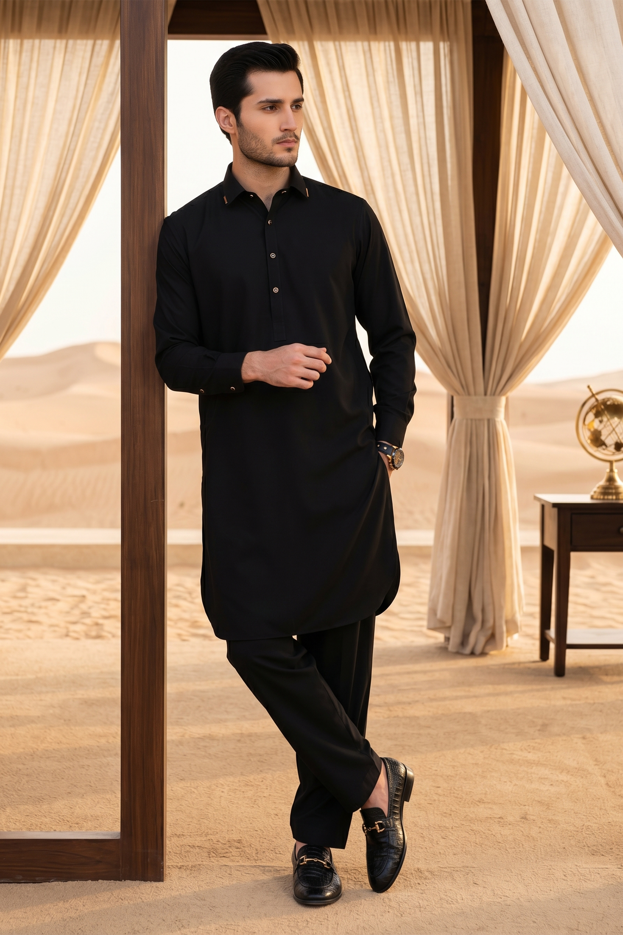 Sophisticated Kameez Shalwar with Gold Button Detailing - Black