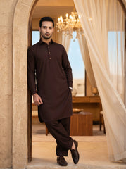 Classic Kameez Shalwar with Elegant Detailing - Chocolate Brown
