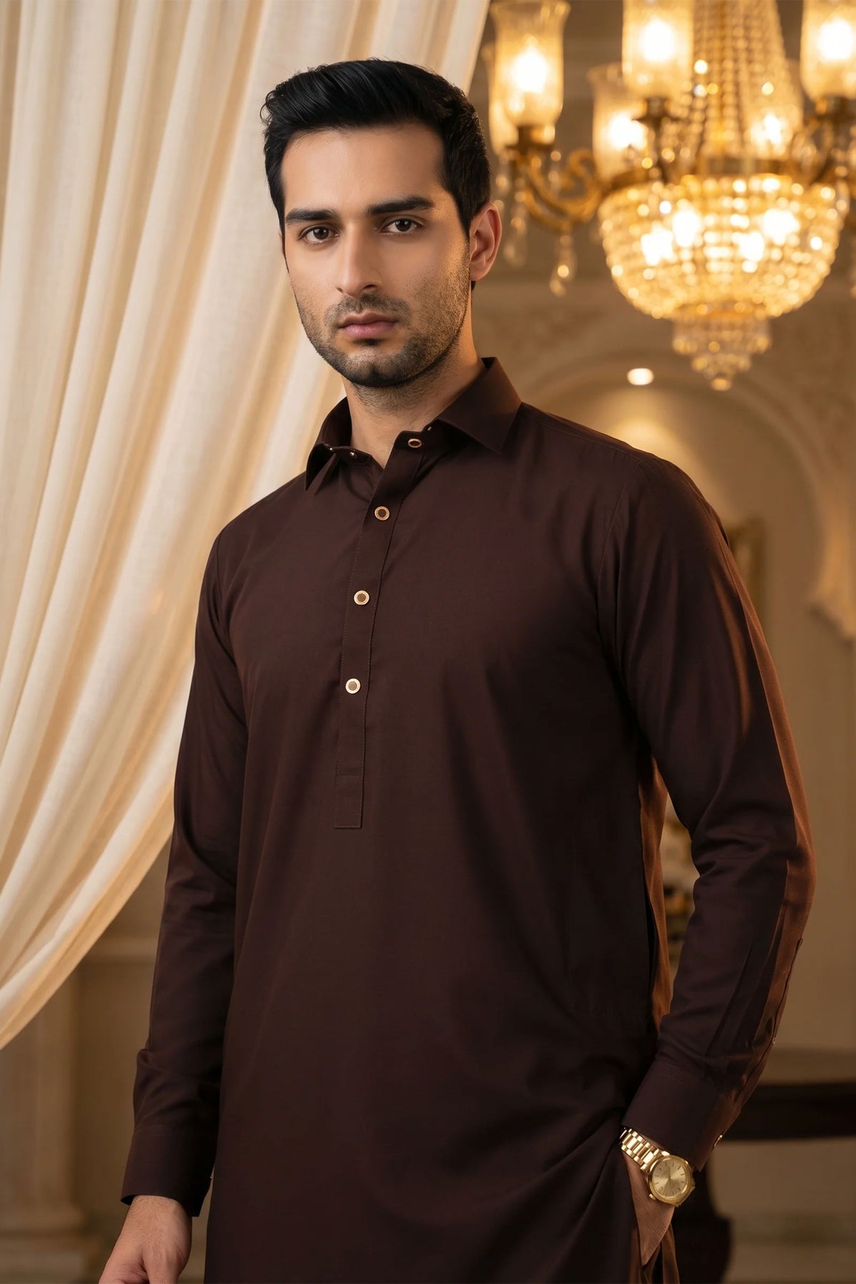 Classic Kameez Shalwar with Elegant Detailing - Chocolate Brown