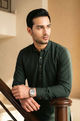 Elegant Short Collar Kameez Shalwar with Subtle Detailing -  Bottle Green