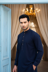 Stylish Kurta Shalwar with Thread Detailing - Navy Blue