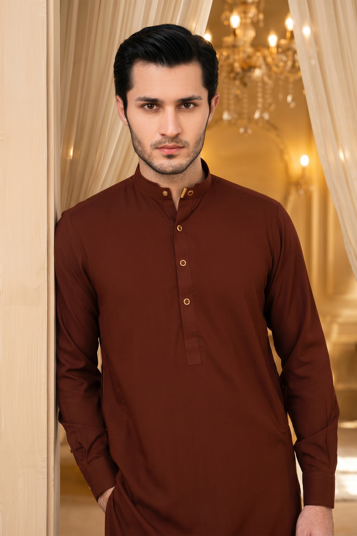 Classic Kurta Shalwar with Button Placket - Rust