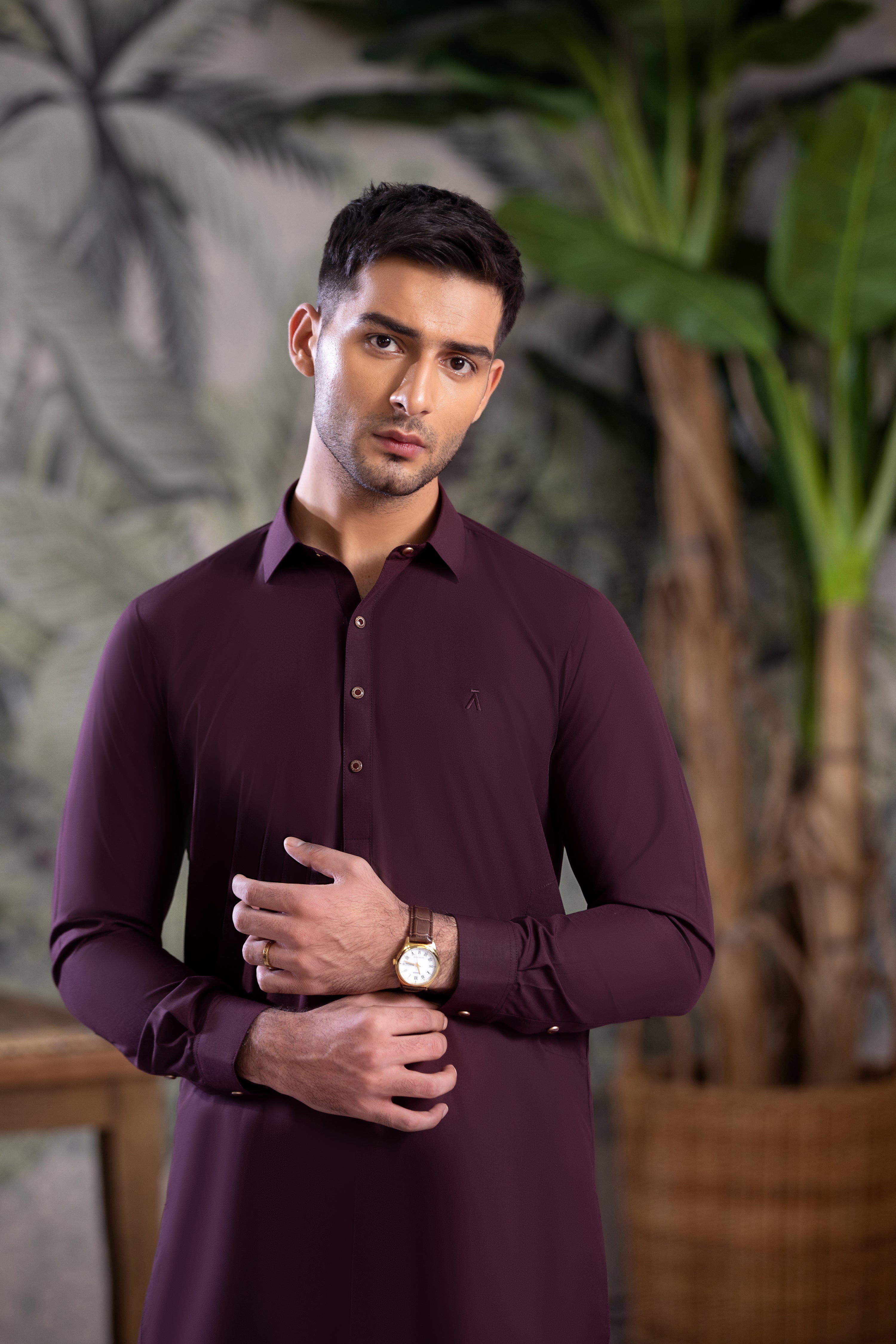 Premium Maroon Collar Kameez Shalwar With Snap Buttons