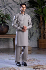 Stitched Collar Kameez With Matching Shalwar for Men - Light Grey
