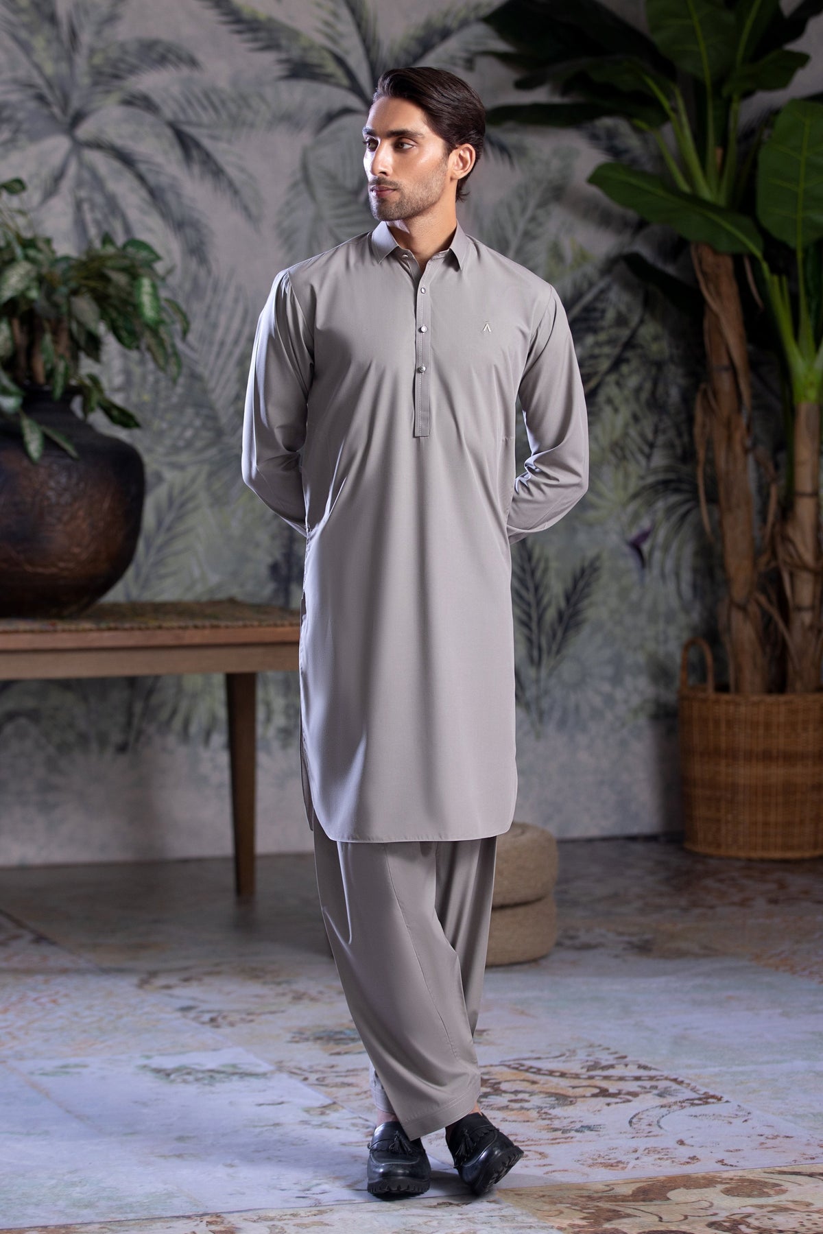 Stitched Collar Kameez With Matching Shalwar for Men - Light Grey