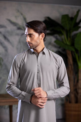 Stitched Collar Kameez With Matching Shalwar for Men - Light Grey