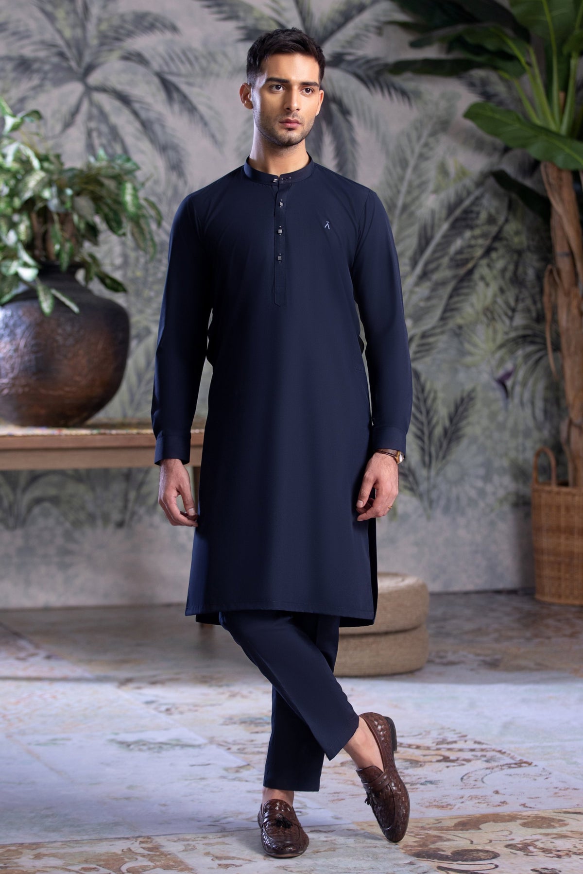 Stitched Kurta With Matching Trouser & Thread Detailing for Men - Navy Blue