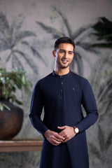 Stitched Kurta With Matching Trouser & Thread Detailing for Men - Navy Blue