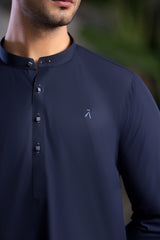 Stitched Kurta With Matching Trouser & Thread Detailing for Men - Navy Blue