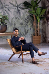 Stitched Kurta With Matching Trouser & Thread Detailing for Men - Navy Blue