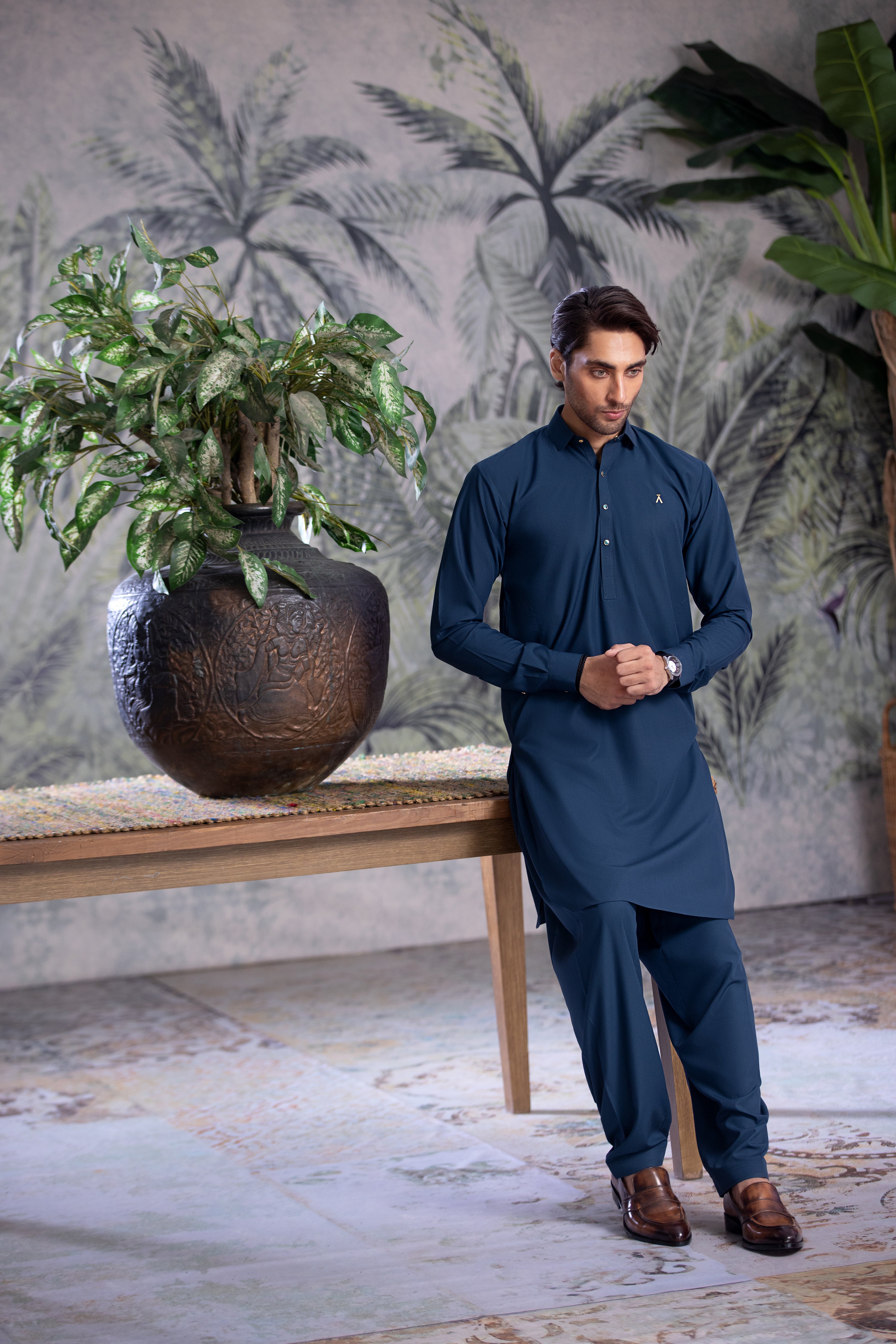 Elegant Teal Collar Kameez Shalwar With Golden Snap Buttons & Logo