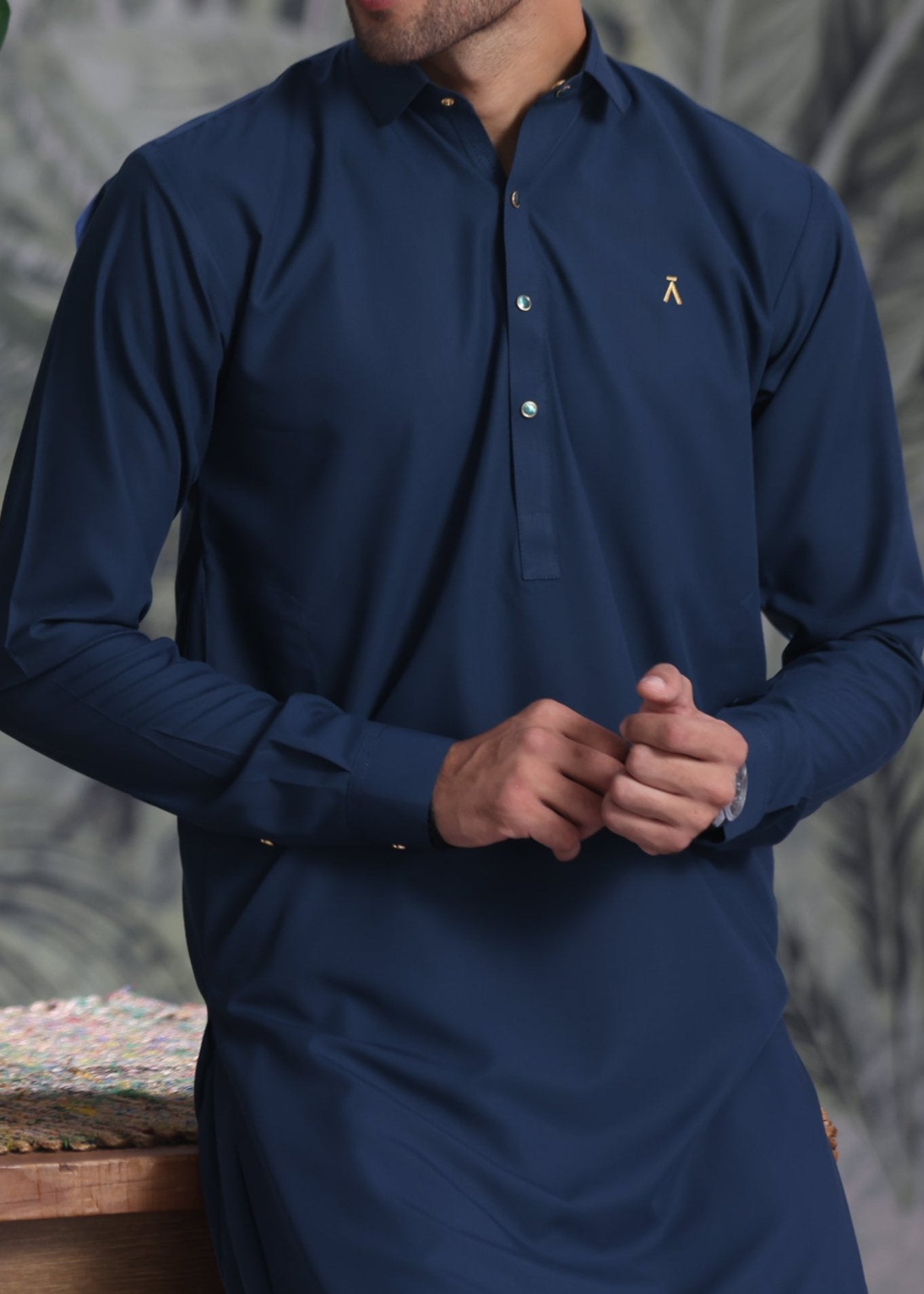 Elegant Teal Collar Kameez Shalwar With Golden Snap Buttons & Logo