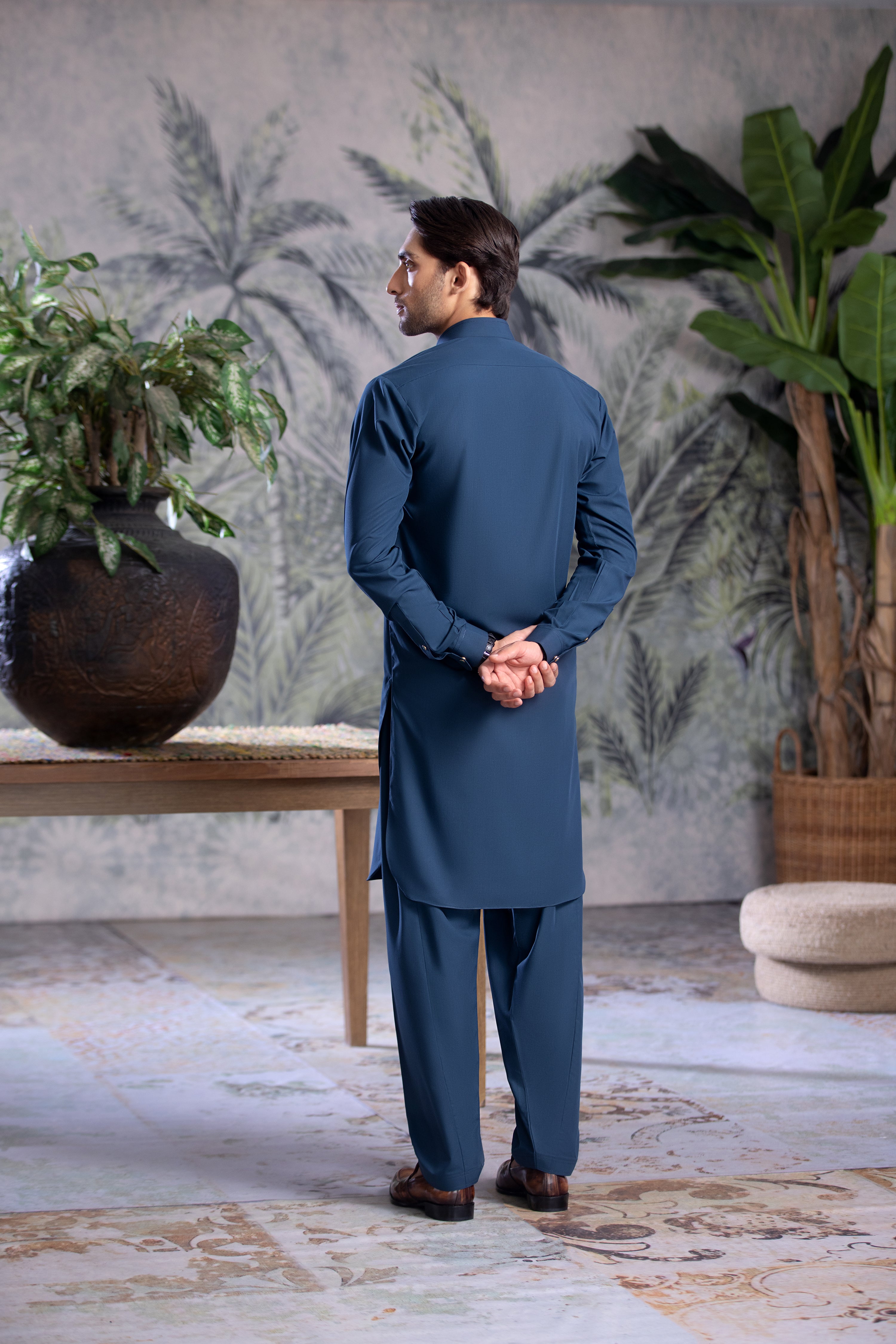 Elegant Teal Collar Kameez Shalwar With Golden Snap Buttons & Logo