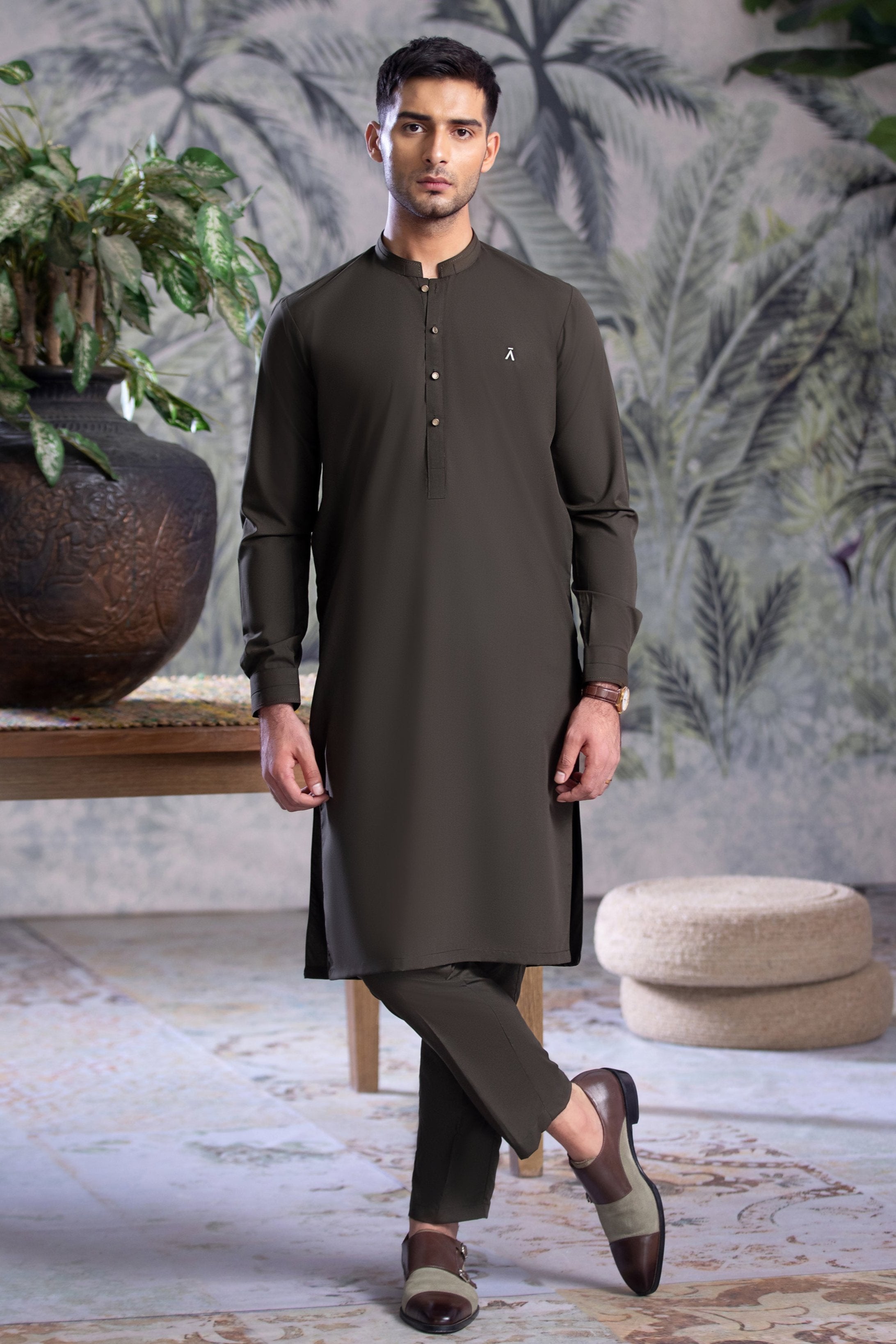 Dark Green Kurta Trouser With Contrast Buttons