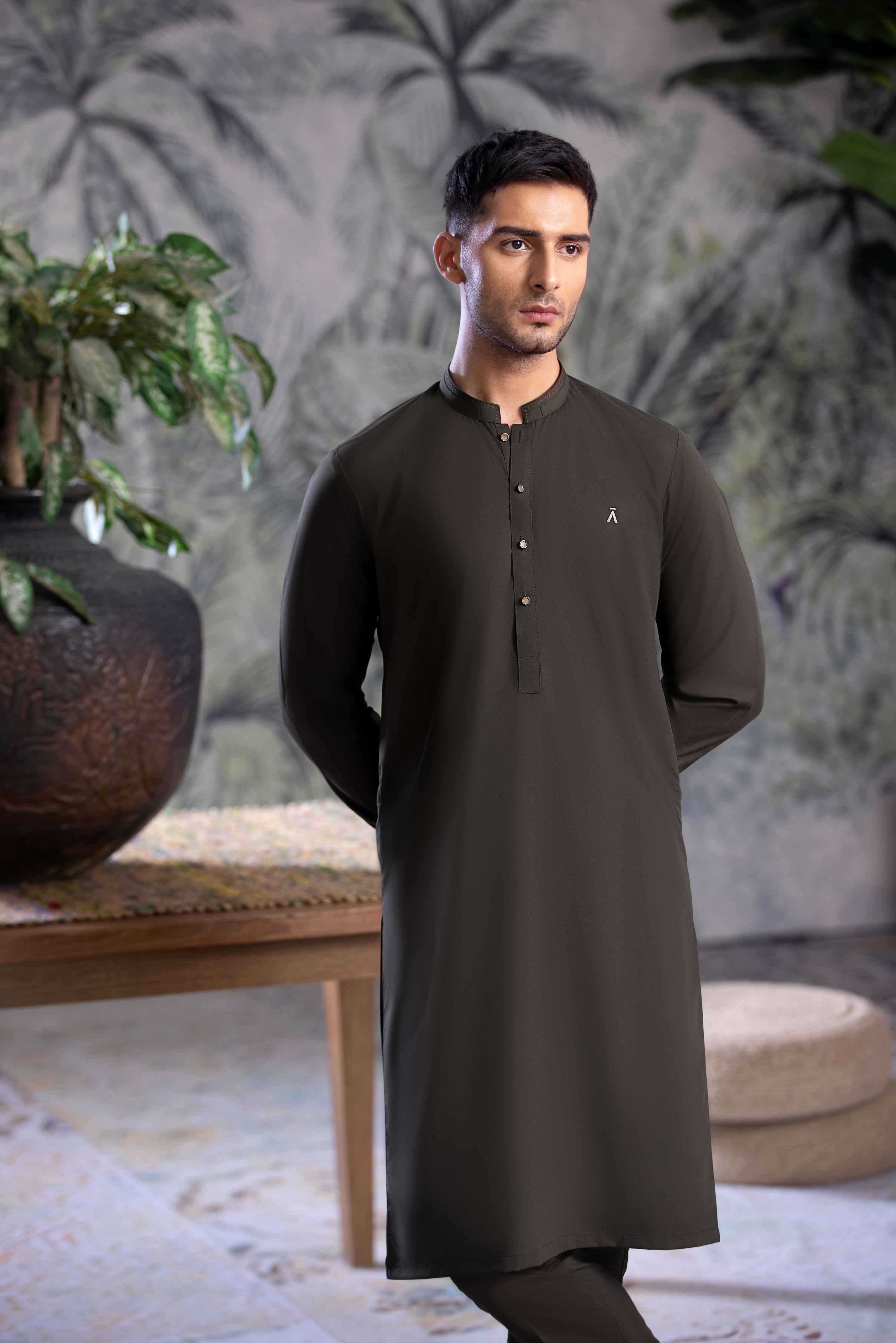 Dark Green Kurta Trouser With Contrast Buttons