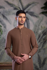 Stitched Kurta Trouser With Thread Detailing for Men - Coffee Brown
