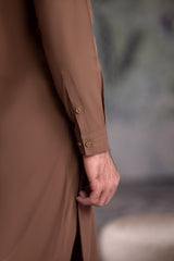 Stitched Kurta Trouser With Thread Detailing for Men - Coffee Brown