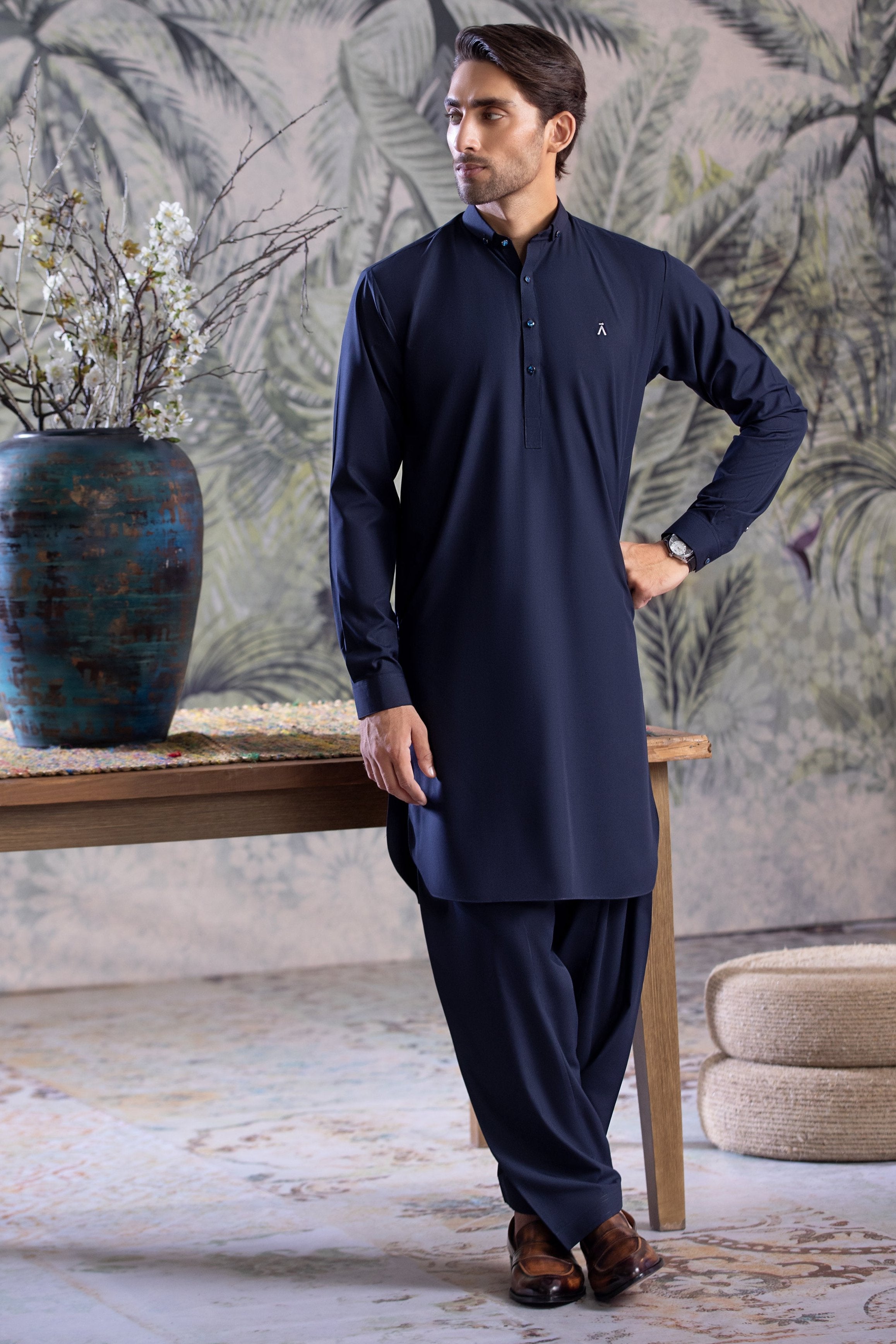 Navy Blue Button Down Collar Shalwar Kameez