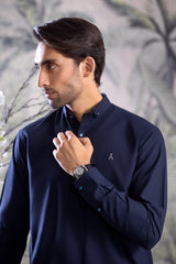 Stitched Button Down Collar Shalwar Kameez for Men - Navy Blue