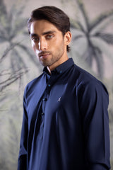 Stitched Button Down Collar Shalwar Kameez for Men - Navy Blue